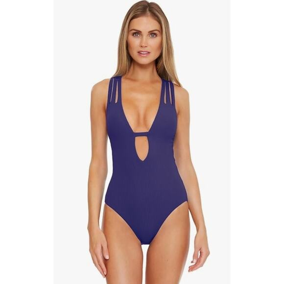 BECCA by Rebecca Virtue Fine Line Rib Skylar Plunge One-Piece Size Medium Purple - Picture 3 of 16